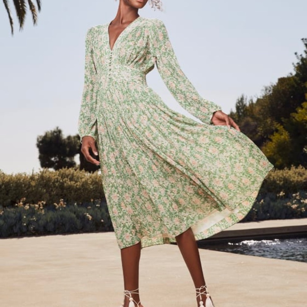 Lulu's Cream and Green Long Sleeve Sundress for Wedding Guests